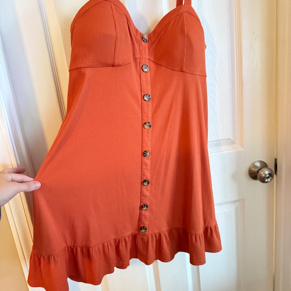 Rust Orange Button-Front Ruffle-Hem Dress – XL (15–17) - Picture 2 of 9
